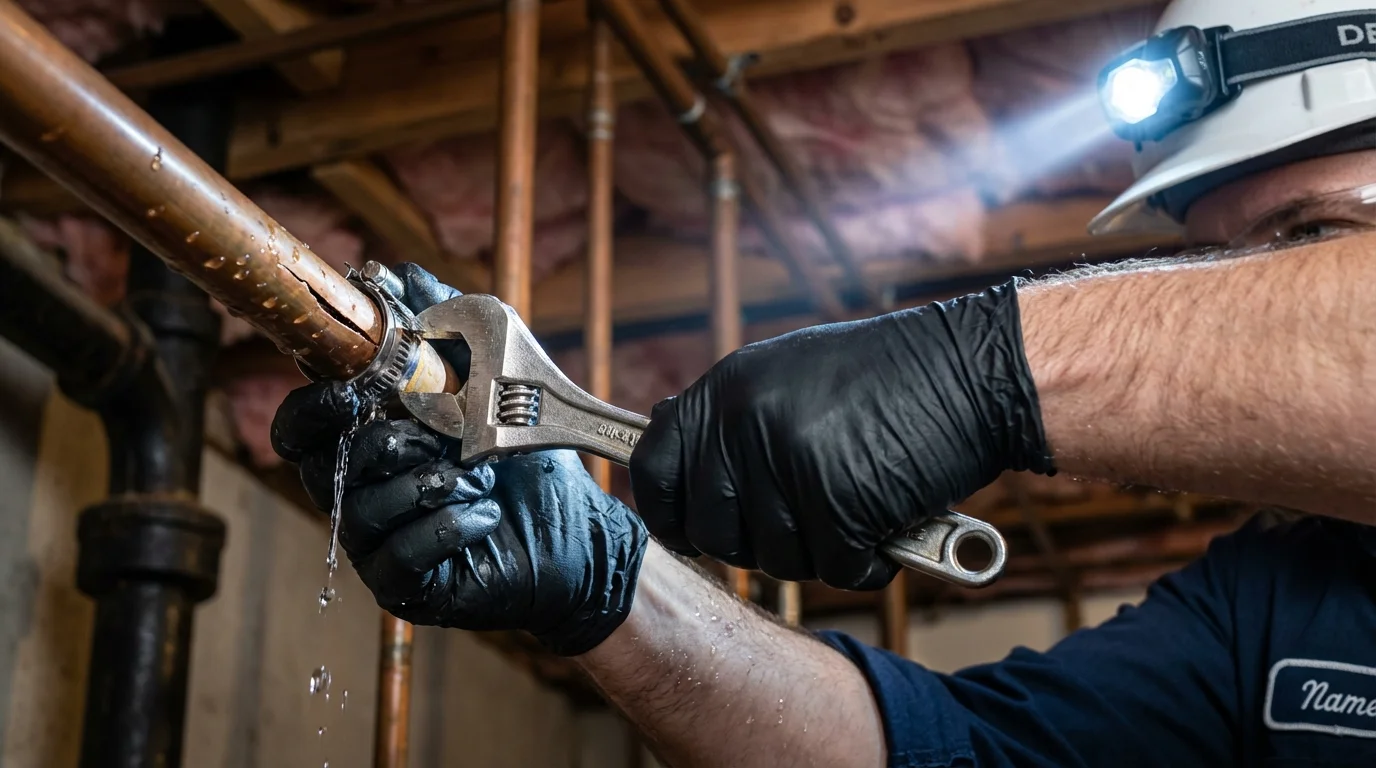 Emergency pipe clamp repair being performed by a Johns Plumbing LLC plumber in Cedar Hill